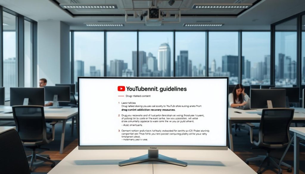 A modern, minimalist office space in shades of gray and white, with sleek desks, ergonomic chairs, and large windows that let in plenty of natural light. The atmosphere is calm and professional, conveying a sense of order and productivity. In the foreground, a computer screen displays a set of YouTube community guidelines, with icons and visual cues highlighting the platform's policies on drug-related content and addiction recovery resources. The middle ground features a group of young, diverse professionals collaborating on their laptops, while the background showcases a cityscape of high-rise buildings, reflecting the corporate, advertiser-friendly nature of the scene.