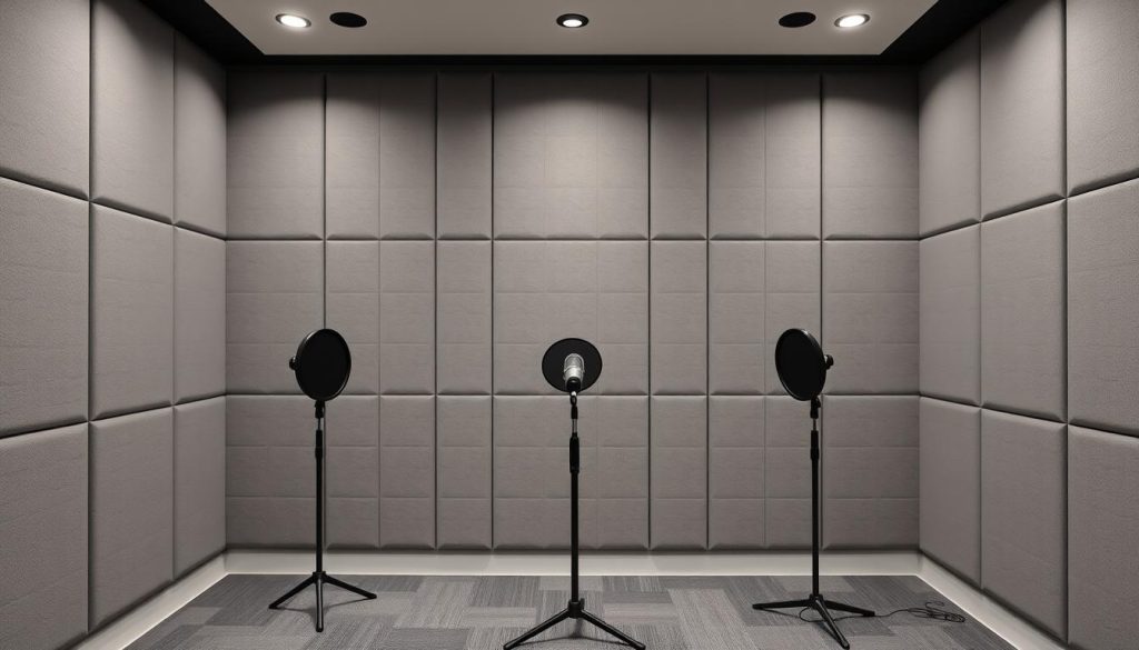A modern, minimalist recording studio with a sleek, acoustic panel wall. The paneled surface features a geometric, interlocking pattern that absorbs and diffuses sound, creating a professional, noise-dampened environment. Soft, diffused lighting illuminates the space, highlighting the textured surface and creating a cozy, inviting atmosphere. The layout is clean and uncluttered, with a focus on functionality and high-end, professional equipment. The overall design conveys a sense of sophistication and attention to acoustic detail, perfect for a high-quality YouTube content creation setup.