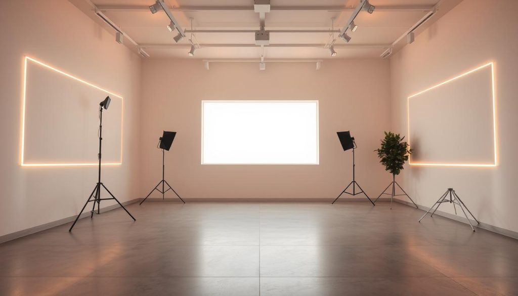 A modern, minimalist studio space with warm, balanced lighting creating a professional, inviting atmosphere. Soft, diffused lighting from overhead lamps and hidden LED strip accents along the edges of the room, casting a gentle glow across the clean, white walls and concrete floor. A large, frameless window in the background allows natural daylight to filter in, adding depth and dimension. Carefully positioned lighting fixtures and reflective surfaces create a cohesive, visually striking environment for high-quality video and photography.
