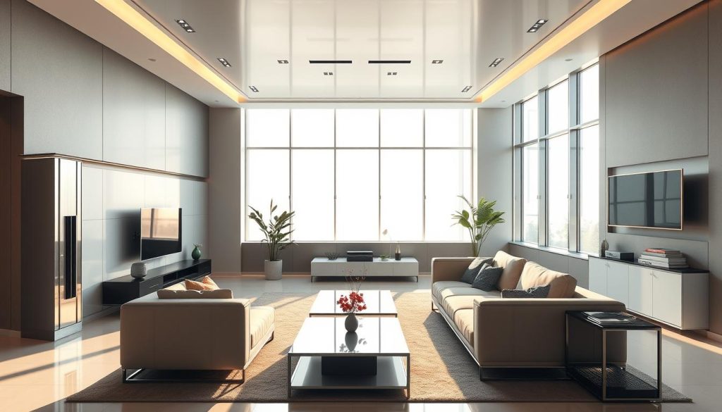 A modern, minimalist tech-inspired interior design with sleek lines, polished metal accents, and a focus on clean, uncluttered spaces. A large, panoramic window floods the room with natural light, casting a warm glow on the contemporary furniture and decor. Strategically placed lighting fixtures, both overhead and task-oriented, illuminate the space with a balanced, ambient illumination. The palette features a mix of neutral tones, such as grays and whites, punctuated by pops of vibrant, tech-inspired colors like blues and greens. Thoughtfully placed technological elements, such as a floating display or a minimalist sound system, seamlessly integrate with the overall design, creating a harmonious, futuristic atmosphere.