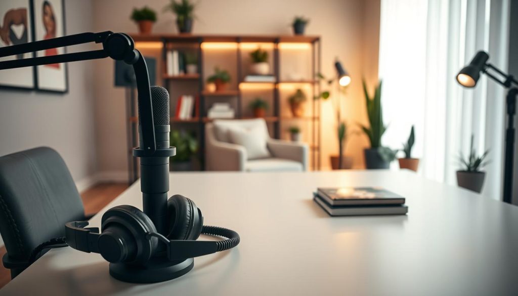 A modern podcast studio with a cozy, intimate atmosphere. The foreground features a professional-grade microphone and headphones on a sleek, minimalist desk. The middle ground showcases a comfortable chair and a soft, ambient lighting setup that creates a warm, inviting ambiance. In the background, a stylish bookshelf and potted plants add natural touches, complementing the minimalist decor. The entire scene is bathed in soft, diffused lighting that accentuates the sophisticated, yet approachable design elements. The overall composition conveys a sense of productivity and creativity, perfectly capturing the essence of optimized content creation.