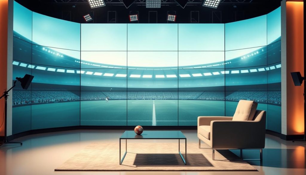 A modern, sleek studio set with a minimalist aesthetic. A large, seamless video wall in the background, creating an immersive and dynamic environment. In the foreground, a comfortable armchair and a sleek coffee table, inviting the viewer to engage with the content. Subtle lighting from above, casting a warm, cinematic glow. The overall mood is one of professionalism, creativity, and audience engagement, reflecting the specialized nature of the YouTube channel's football-related content.