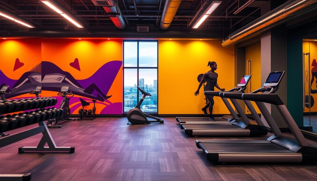 A modern, vibrant fitness studio with a dynamic and energetic atmosphere. The foreground features state-of-the-art exercise equipment, including sleek weights and a treadmill, all arranged in a visually appealing layout. The middle ground showcases bold, vivid wall graphics depicting athletic motifs, complemented by bright, color-coordinated lighting that casts a warm, motivating glow. In the background, a large window overlooking a scenic urban landscape provides a sense of openness and connects the indoor space to the outside world. The overall design exudes a professional, well-curated aesthetic that inspires and energizes fitness enthusiasts.