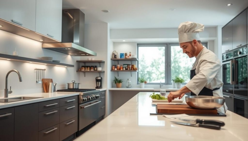 A modern, well-equipped kitchen with clean, minimalist design. Soft, indirect lighting casts a warm glow, highlighting the gleaming stainless steel appliances and sleek, quartz countertops. In the foreground, a chef deftly handles sharp knives, demonstrating proper food preparation techniques for maximum safety. The middle ground showcases a range of storage solutions, from neatly organized spice racks to pull-out drawers, ensuring easy access to essential tools. The background features large windows, allowing natural light to flood the space and accentuate the overall sense of openness and cleanliness. The atmosphere conveys a professional, yet inviting ambiance, perfectly suited for a high-quality cooking demonstration.
