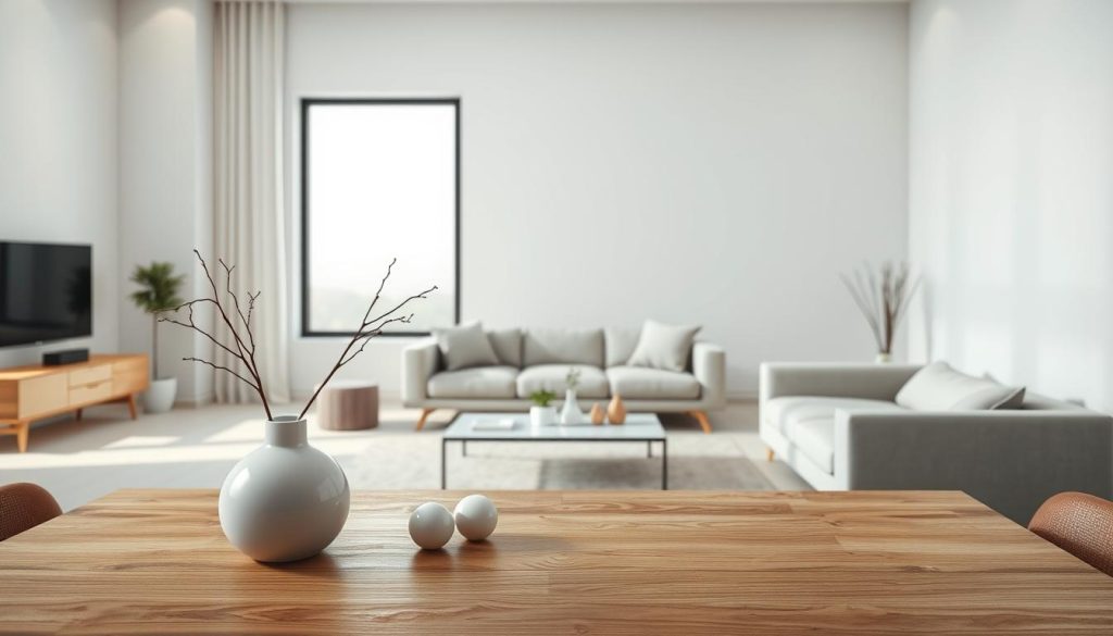 A neatly arranged, modern and minimalist home decor setup. The scene features a clean, well-lit interior with a large window overlooking a minimalist landscape. In the foreground, a wooden table with a minimalist vase and a few simple decorative items. The middle ground showcases a sleek, modern sofa and a few other furniture pieces. The background is a plain, neutral-colored wall with subtle textures. The lighting is soft and diffused, creating a warm, inviting atmosphere. The overall composition emphasizes simplicity, functionality, and a harmonious balance of form and space, reflecting the principles of professional-grade home decor design.
