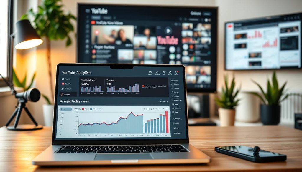 A professional and visually appealing YouTube analytics dashboard displayed on a modern desktop setup. The foreground features a laptop screen with detailed graphs and charts analyzing YouTube channel revenue, trending videos, and subscriber growth. The middle ground showcases various creative YouTube-themed decor elements such as a camera, microphone, and video editing software windows. The background depicts a sleek, minimalist home office environment with warm lighting, plants, and a large monitor displaying additional analytic insights. The overall scene conveys a sense of productivity, data-driven decision making, and a passion for YouTube content creation.