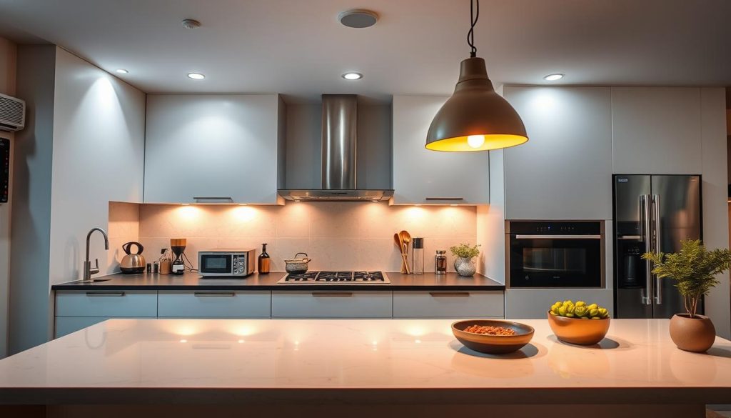 A professional and visually appealing kitchen decor with a focus on expert-level lighting design. Warm, diffused illumination cascades over a modern, minimalist cooking space, accentuating the sleek countertops, high-end appliances, and carefully curated accessories. Strategically placed spotlights and recessed fixtures create a cozy, atmospheric ambiance, while a statement pendant light or two add visual interest and focal points. The overall lighting scheme strikes a harmonious balance, elevating the functionality and aesthetics of this meticulously designed YouTube-worthy kitchen.