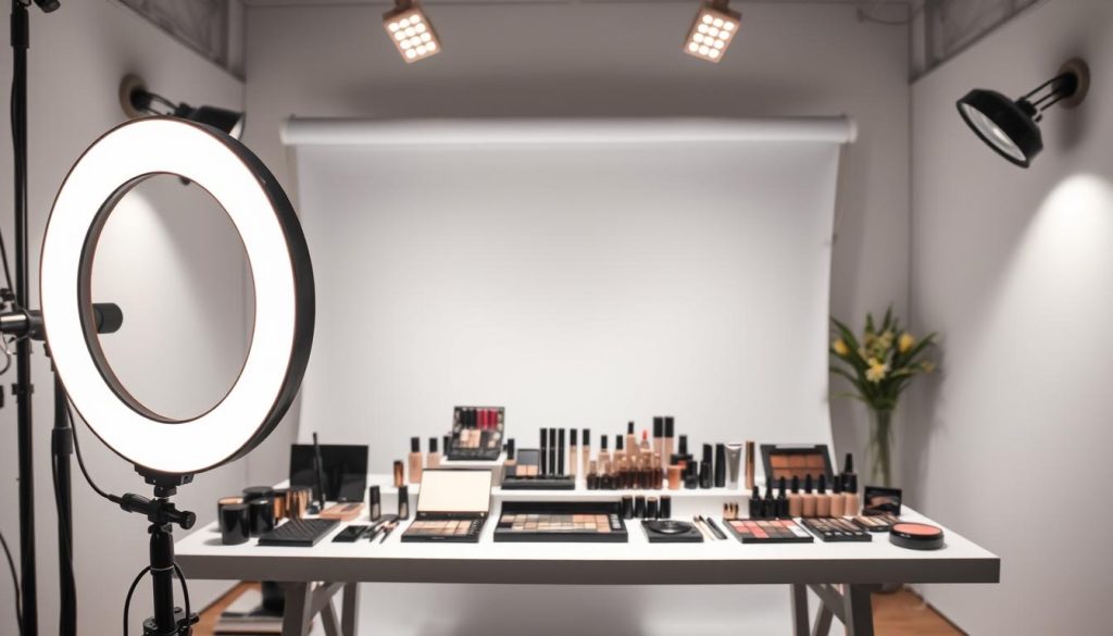A professional and visually captivating YouTube makeup decor with a sleek, modern setup. The foreground features a high-quality ring light, softly illuminating the makeup artist's face and creating a warm, flattering glow. In the middle ground, a minimalist white table displays an array of makeup products, neatly organized and staged for maximum visual appeal. The background showcases a crisp, seamless white backdrop, creating a clean, studio-like ambiance. Thoughtful lighting from multiple angles enhances the depth and dimension of the scene, while a subtle, muted color palette maintains a refined, high-end aesthetic. The overall composition conveys a sense of expertise, attention to detail, and a visually striking, yet practical workspace for the makeup artist.