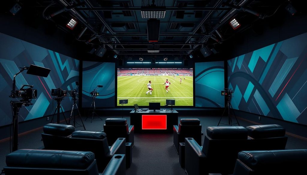 A professional and visually captivating sports streaming studio decor featuring a dramatic dark color scheme, dynamic lighting, and modern minimalist furnishings. The foreground showcases a large, sleek video wall displaying a live football match, surrounded by a sophisticated setup of high-end audio equipment, camera rigs, and studio monitors. In the middle ground, plush leather seating and a central production desk create an immersive, cinema-like atmosphere. The background is dominated by a bold, abstract mural with geometric patterns and a vibrant color palette, complementing the overall athletic and energetic ambiance. Carefully crafted to enhance the live streaming experience and engage the audience.