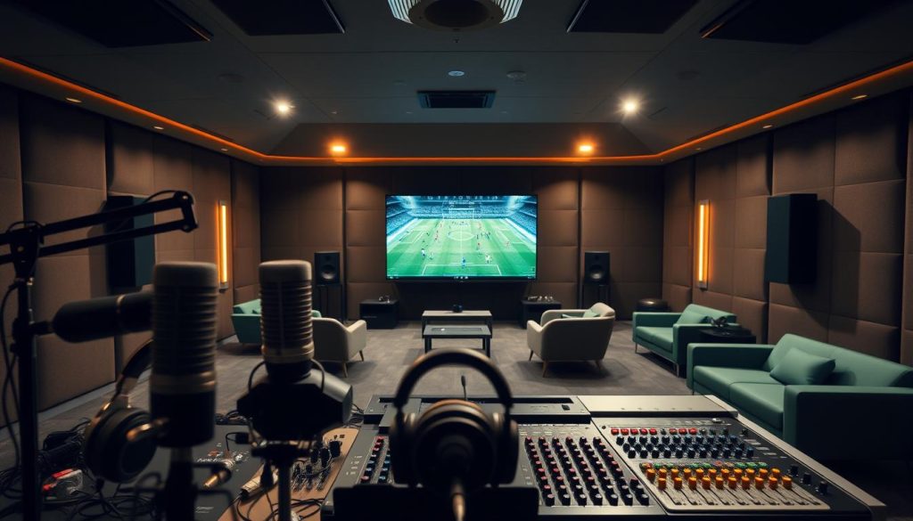 A professional and visually striking football-themed recording studio. The foreground features modern audio equipment like microphones, sound mixers, and headphones neatly arranged. The middle ground showcases a large, high-definition display showing football match footage, creating an immersive experience. The background is filled with sleek, minimalist furniture in shades of green and gray, evoking the colors of a football pitch. Warm, directional lighting casts dramatic shadows, highlighting the technical details. The overall atmosphere is one of focused professionalism, perfect for recording expert commentary or analysis on the beautiful game.