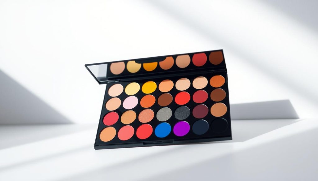 A professional, expertly-crafted makeup palette with a harmonious color scheme, set against a softly-lit, minimalist backdrop. The palette features a range of complementary hues, from warm earth tones to cool jewel-like shades, all blended seamlessly. Soft, directional lighting casts subtle shadows, accentuating the palette's dimensional quality. The overall mood is one of refined elegance and artistic sophistication, reflecting the skill and artistry of a seasoned makeup artist. The composition is carefully balanced, drawing the viewer's eye to the vibrant, color-rich palette at the center of the frame.