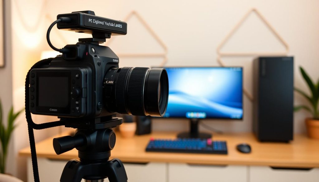 A professional-grade gaming YouTube setup with an elegant, streamlined camera arrangement. A high-quality DSLR camera mounted on a sturdy tripod, its lens trained on the gaming setup in the foreground. Soft, warm lighting illuminates the scene, creating a cozy, inviting atmosphere. In the middle ground, a sleek gaming PC and peripherals, their clean lines and minimalist design complementing the overall aesthetic. The background features a tasteful, visually interesting backdrop, such as a subtle geometric pattern or a muted, textured wall, adding depth and visual interest to the composition.