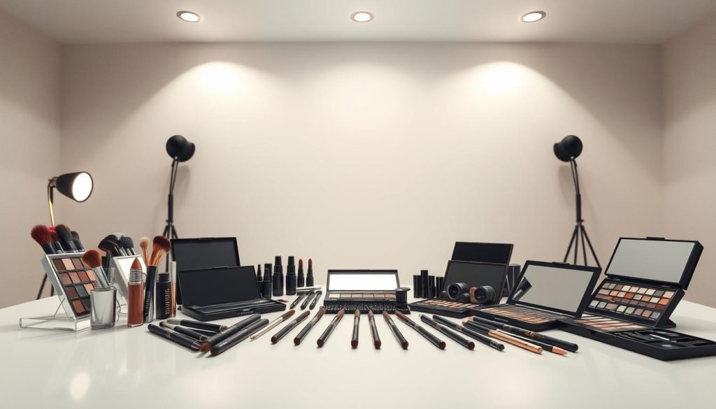 A professional-grade makeup studio with an elegant, minimalist aesthetic. A collection of high-end brushes, palettes, and tools in the foreground, meticulously arranged on a sleek, white surface. The middle ground features soft, diffused lighting from multiple angles, creating a flattering, studio-like ambiance. In the background, a plain, seamless backdrop in a neutral color provides a clean, distraction-free canvas. The overall mood is one of sophistication, precision, and a touch of glamour - a setup befitting a high-quality YouTube makeup tutorial.