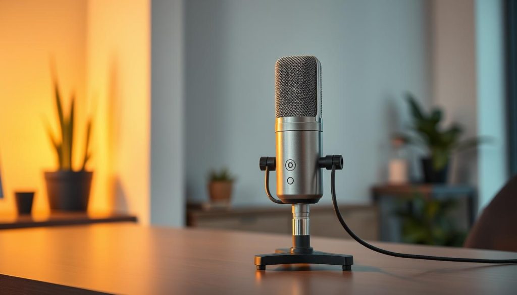 A professional-grade podcast microphone sits prominently on a sleek, modern desk. The microphone's polished metal body reflects the warm glow of soft, directional lighting that illuminates the workspace. The background features a minimalist, yet inviting studio design, with neutral-toned walls and a touch of greenery providing a cozy, intimate atmosphere. The overall composition conveys a sense of focus, creativity, and high-quality audio production, perfectly suited for a professional YouTube podcast setup.