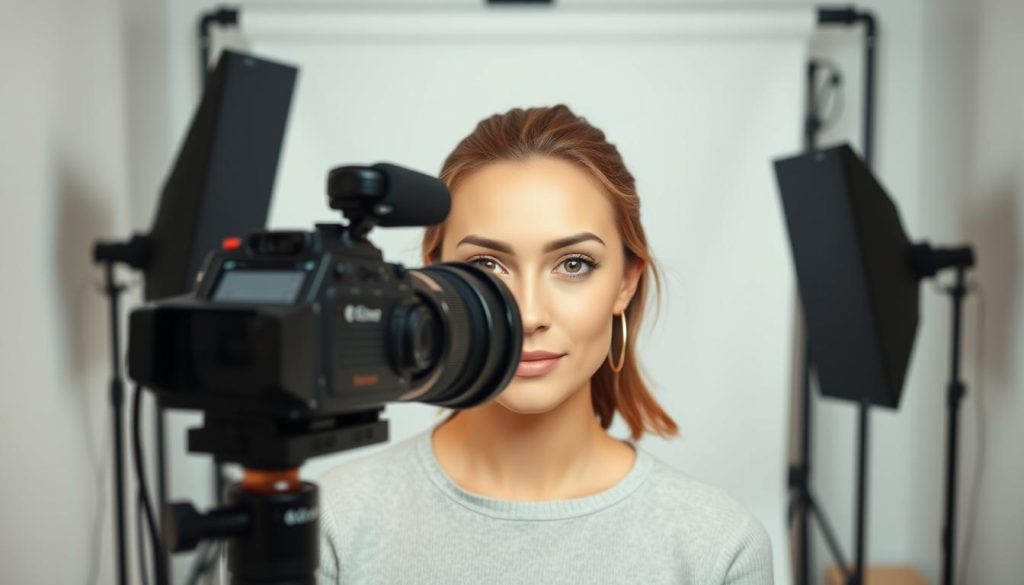 A professional-grade studio setup for a YouTube beauty vlogger. A well-lit, minimalist backdrop with soft lighting that illuminates the subject's face evenly. The camera is positioned at the optimal angle to capture high-quality footage, with a shallow depth of field that blurs the background and draws the viewer's attention to the central figure. The white balance is carefully calibrated to ensure accurate color representation, creating a warm, inviting atmosphere that complements the vlogger's personal style and brand.