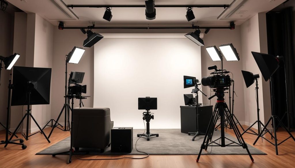 A professional-looking YouTube studio setup with a modern, minimalist aesthetic. A sleek, uncluttered backdrop in neutral tones creates a polished, high-quality appearance. Carefully positioned lighting accentuates the subject, ensuring even illumination and a flattering ambiance. The layout is designed to maximize efficiency and visual appeal, with thoughtfully-placed equipment and accessories that complement the overall theme. The end result is a high-end, cost-effective solution that elevates the production value of the content.