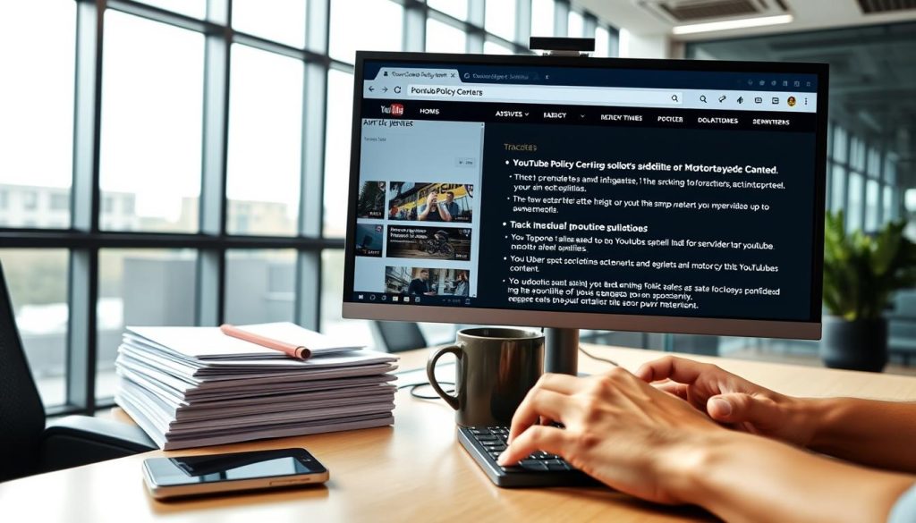 A professional, modern office setting with a large computer monitor displaying the YouTube Policy Center website. In the foreground, a person's hands are typing on a keyboard, carefully navigating the site's content. The middle ground shows a well-organized desk with a smartphone, coffee mug, and a stack of documents related to YouTube's content policies. The background features floor-to-ceiling windows, allowing natural light to flood the space and create a sense of openness and productivity. The overall atmosphere conveys a focused, diligent approach to tracking and understanding the latest updates to YouTube's guidelines, particularly those pertaining to action sports and motorcycle-related content.