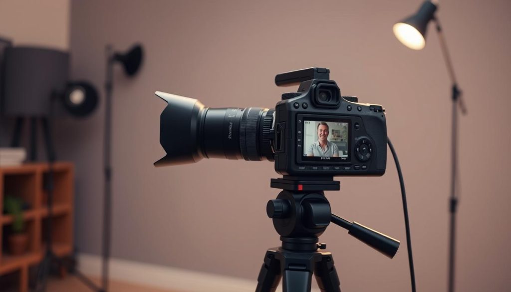 A professional, modern video production setup with a high-end camera on a sturdy tripod, positioned to capture a thoughtfully framed and composed shot. Soft, even lighting illuminates the scene, creating a warm and inviting atmosphere. The camera's lens is carefully selected to achieve the desired depth of field, focusing attention on the primary subject while subtly blurring the background. The overall scene conveys a sense of a well-designed, visually appealing podcast or YouTube studio, reflecting the professionalism and creativity of the content creator.