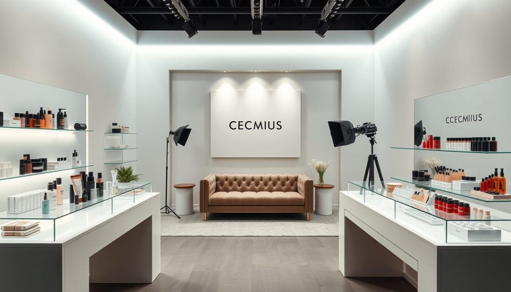 A professional, visually-appealing cosmetic YouTube studio set with seamless brand integration. A sleek, minimalist backdrop with a soft, diffused lighting scheme highlights the product and talent. The foreground features a clean, modern vanity and display shelves showcasing the brand's signature products. In the middle ground, a plush seating area provides a comfortable filming environment. The background incorporates subtle branding elements, such as a branded wall panel or discreet logo placement, to create a cohesive, high-quality aesthetic. The overall mood is one of sophistication, attention to detail, and a visually captivating representation of the brand's identity.