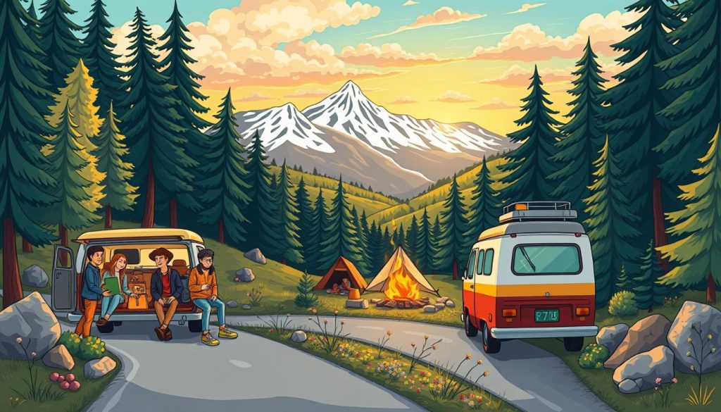A serene landscape with a winding road cutting through lush forests and rolling hills. In the foreground, a group of friends packing their camping gear into a colorful vintage camper van, their faces filled with excitement for the adventure ahead. The middle ground features a picturesque campsite, with a crackling fire and tents nestled between towering pine trees. In the background, a breathtaking vista of snow-capped mountains and a vibrant, cloud-streaked sky. The scene is bathed in warm, golden sunlight, creating a cozy, inviting atmosphere. The illustration has a whimsical, hand-drawn style, with a playful, cartoon-like aesthetic that captures the spirit of the road trip and outdoor adventure.