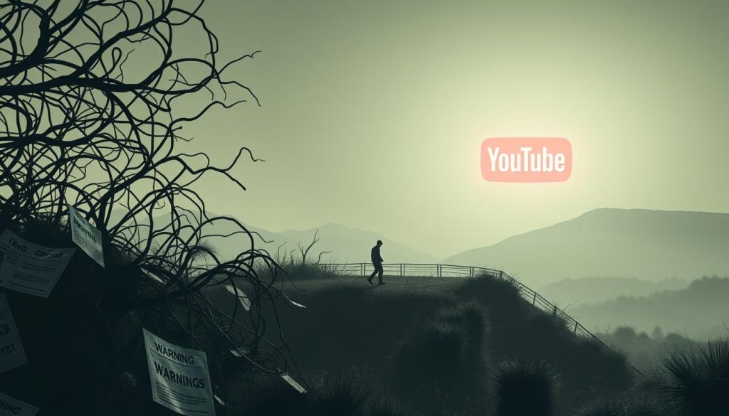 A serene yet cautionary landscape depicting the complex web of YouTube's policies on drug abuse content. In the foreground, a tangled thicket of warnings and regulations casts long shadows, symbolizing the intricate guidelines creators must navigate. The middle ground features a dimly lit stage, where a lone figure, representing the content creator, navigates a treacherous path, weighed down by the burden of responsible content. In the background, the vibrant yet cautious glow of the YouTube platform looms, a constant reminder of the platform's influence and the need for nuanced, ethical content curation. Soft, muted tones create an atmosphere of contemplation, inviting the viewer to consider the delicate balance between creative expression and social responsibility.