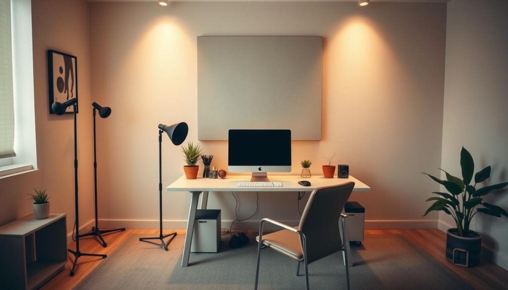 A simple, minimalist YouTube studio setup with warm lighting and neutral-toned decor. A sleek, modern desk with a clean-lined computer setup and a few carefully placed decorative elements like plants or artwork. In the background, a subtle, textured wall with a touch of geometric or abstract pattern. The overall atmosphere is professional yet inviting, reflecting a budget-friendly but polished aesthetic suitable for a new YouTuber focused on a sports/football niche.
