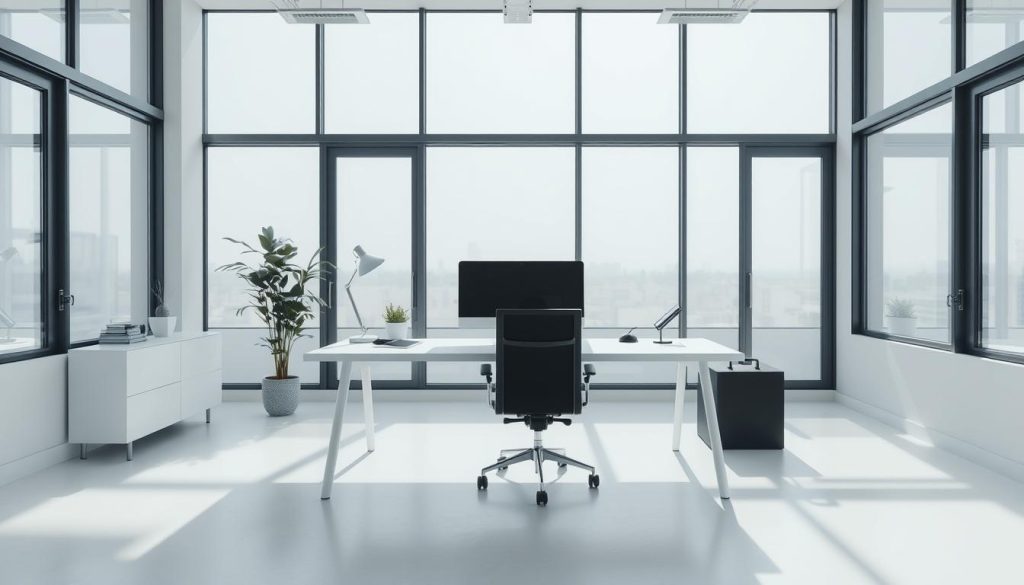 A simple, modern and sleek studio interior with large windows and a minimalist aesthetic. The room is flooded with natural light, creating a bright and airy atmosphere. A large, clean white desk takes center stage, complemented by a black office chair and a few carefully curated decor pieces, such as a potted plant and a modern desk lamp. The walls are painted in a neutral tone, allowing the focus to remain on the clean lines and functional design. The overall mood is one of tranquility and efficiency, perfect for filming tech-focused video content.