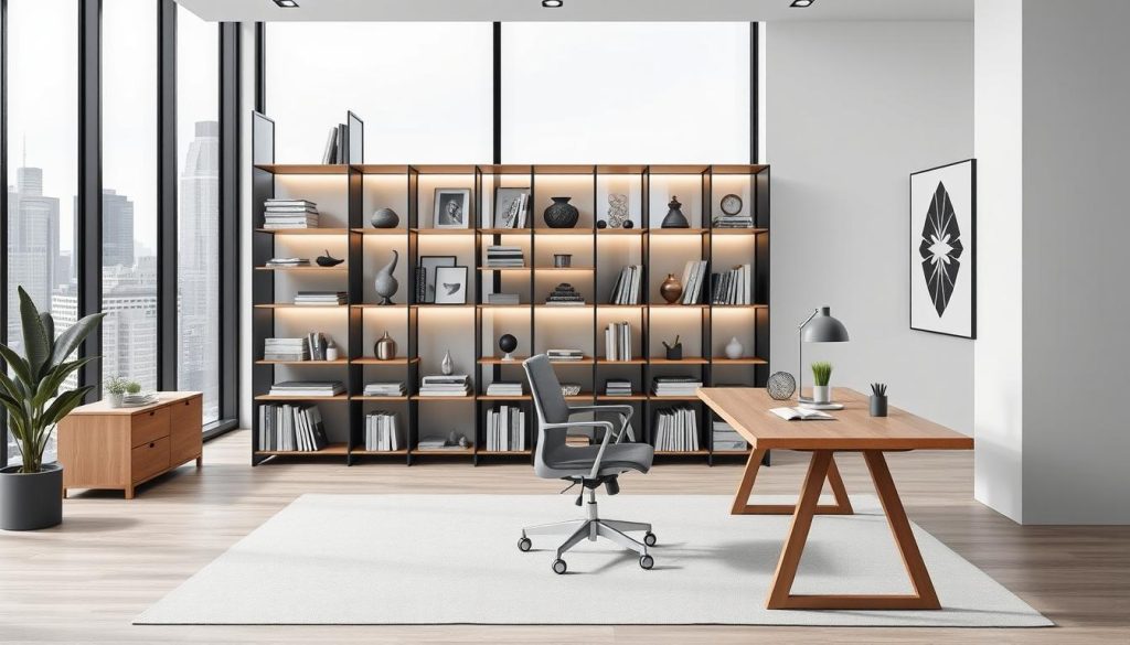 A sleek, minimalist office decor with a modern, professional aesthetic. A simple, yet elegant desk in a light wood tone sits in the foreground, accompanied by a comfortable, ergonomic office chair. In the middle ground, a modular shelving unit displays various design objects and books, creating a visually appealing display. The background features a large, floor-to-ceiling window overlooking a city skyline, providing ample natural lighting and a sense of openness. The color palette consists of muted tones of gray, white, and warm wood accents, creating a harmonious and visually pleasing environment. Subtle task lighting and carefully curated accessories complete the high-quality, cost-effective professional setup.