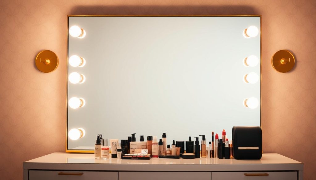 A sleek, modern makeup vanity setup with a large, well-lit mirror, elegant gold-framed accents, and a clutter-free surface featuring a selection of high-end cosmetic products. The lighting is warm and flattering, creating a professional yet inviting atmosphere. The background is a soft, neutral-toned wallpaper with a subtle pattern, complementing the vanity's sophisticated design. The overall composition conveys a sense of style, organization, and attention to detail, inspiring the viewer to create their own polished, Instagram-worthy makeup workspace.