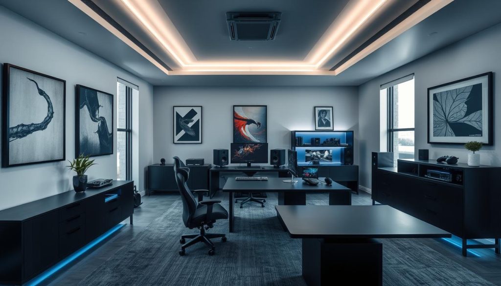 A spacious gaming studio with a sophisticated, minimalist design. The room features sleek black furniture, including a large desk, ergonomic gaming chair, and shelves displaying gaming equipment. Soft, indirect lighting creates a calm, focused atmosphere, while strategic placement of LED strips and task lighting accentuates the workstation. The walls are adorned with abstract art pieces and framed gaming memorabilia, adding visual interest. Large windows allow natural light to flood the space, creating a bright, airy ambiance. The overall aesthetic is professional, well-organized, and tailored to the needs of a dedicated gamer and content creator.