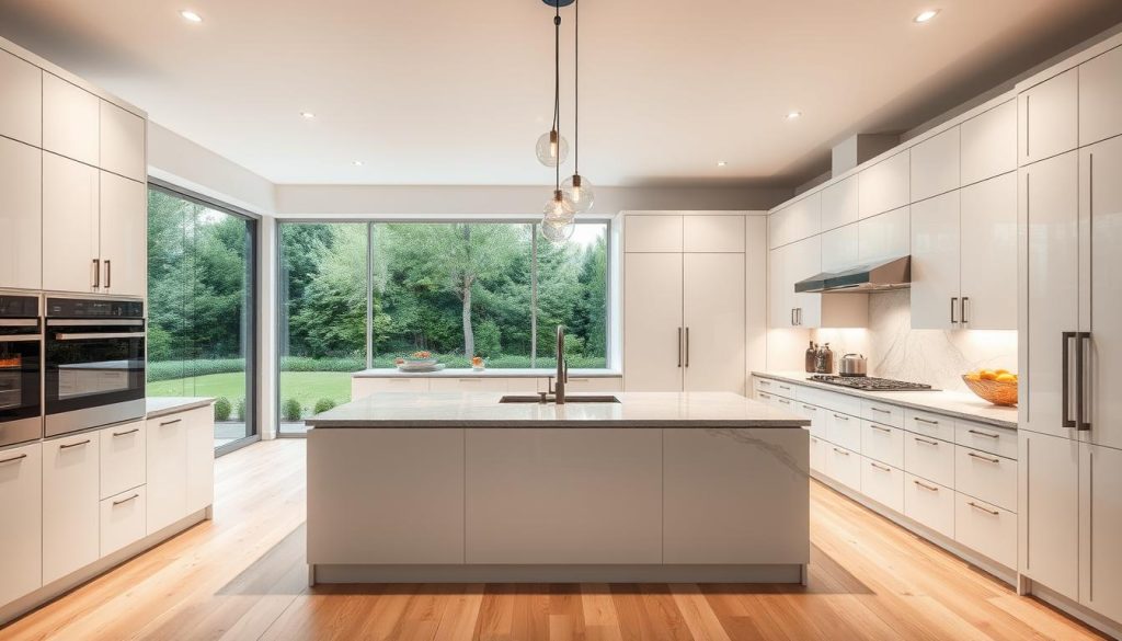 A spacious, modern kitchen with sleek, white cabinetry and a large central island. Soft, warm lighting illuminates the space, creating a cozy and inviting atmosphere. The countertops are made of polished, gray marble, complementing the light-colored wood floors. A large window overlooking a lush, green garden provides ample natural light, blending the indoor and outdoor spaces seamlessly. Chic, minimalist pendant lights hang above the island, adding a touch of elegance. The overall design is a harmonious balance of functionality and aesthetic appeal, reflecting a professional and captivating culinary setting.