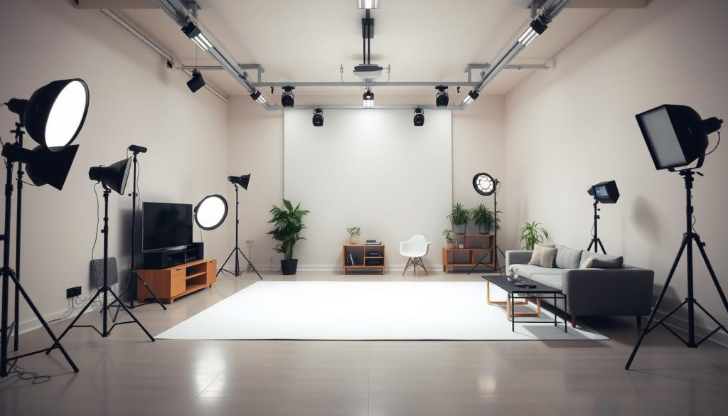 A spacious, well-lit studio with a neutral-toned backdrop, suitable for professional-grade video production. The room features clean lines, modern furnishings, and strategic lighting to create a flattering and visually appealing environment. Soft, diffused illumination from multiple sources - such as softboxes, ring lights, and overhead fixtures - ensures even coverage and minimizes harsh shadows. The camera angle captures a wide, panoramic view of the studio, showcasing the thoughtful arrangement of the space. The overall atmosphere is one of sophisticated simplicity, creating a versatile and adaptable setting for high-quality content creation.