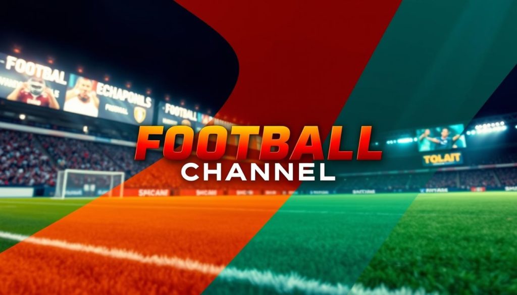 A striking visual identity for a football channel, featuring a bold, dynamic layout with prominent team colors, iconic football imagery, and sleek typographic elements. The design should convey a sense of energy, expertise, and passion for the sport, creating an immersive and visually engaging experience for viewers. Utilize a cinematic, wide-angle perspective to showcase the channel's branding, with dramatic lighting and camera angles that emphasize the excitement and drama of the game. The overall mood should be one of professional, high-quality production values, drawing the viewer into the world of football.