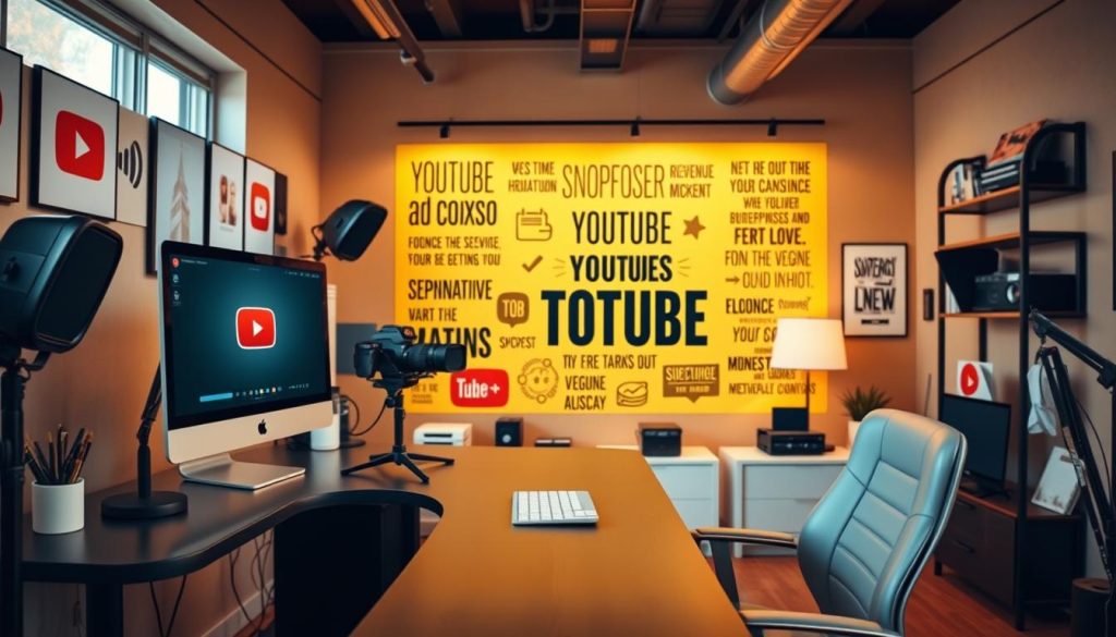 A stylish YouTube studio with a modern, inviting decor. The foreground features a sleek, minimalist desk setup with a high-end computer, microphone, and camera equipment. The middle ground showcases various YouTube revenue streams, such as AdSense, sponsorships, and merchandise, represented by graphic elements. In the background, a vibrant, inspirational wall display with motivational quotes and graphics related to content creation and online entrepreneurship. Warm, natural lighting and a professional, yet cozy atmosphere create an inviting and productive workspace for a successful YouTube creator.