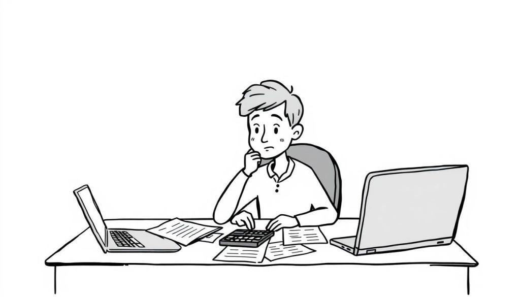 A stylized, hand-drawn cartoon scene depicting a person sitting at a desk, surrounded by financial documents, a laptop, and a calculator. The character has a thoughtful expression as they meticulously work through calculations, representing the process of "محاسبه درآمد". The background is minimalist, with clean lines and a muted color palette, allowing the focus to remain on the central figure and their task. The scene conveys a sense of concentration and diligence, reflecting the careful analysis of revenue data.