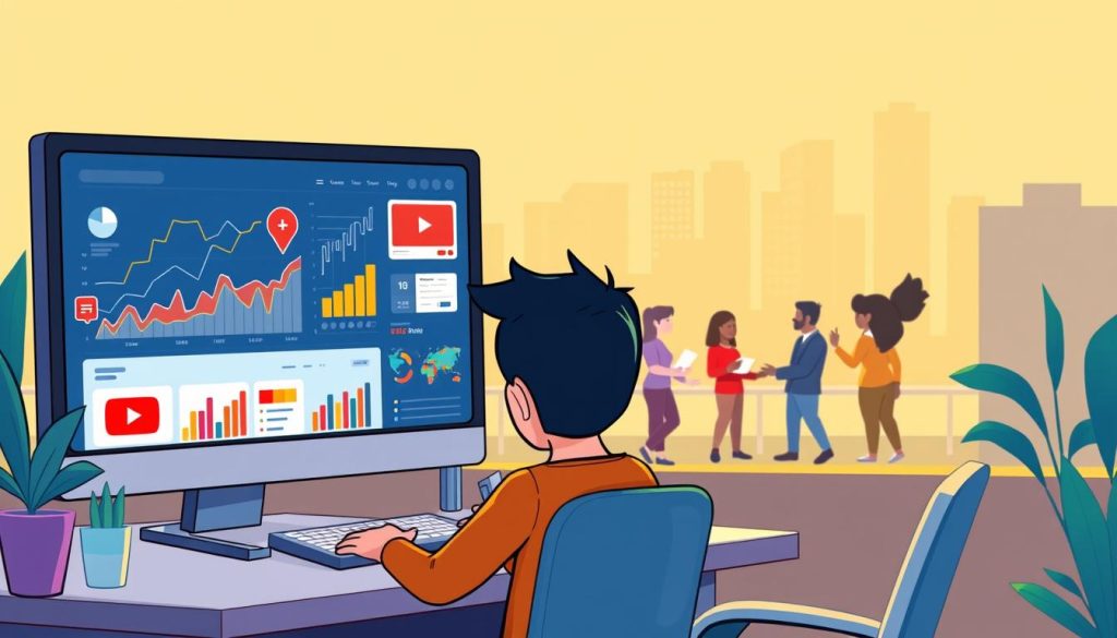 A stylized, vibrant illustration depicting the analysis of a YouTube channel. In the foreground, a cartoonish figure sits at a desk, intently studying charts and graphs on a computer screen. Surrounding them, various colorful icons and visualization elements symbolize key metrics and performance data. In the middle ground, a team of animated characters collaborate, discussing insights and strategies. The background features a simplified, geometric cityscape, suggesting the wider digital landscape. The lighting is warm and inviting, creating an atmosphere of productive analysis and creative problem-solving. The overall composition conveys the idea of meticulously examining a YouTube channel's performance to optimize its content and reach. A stylized, vibrant illustration depicting the analysis of a YouTube channel. In the foreground, a cartoonish figure sits at a desk, intently studying charts and graphs on a computer screen. Surrounding them, various colorful icons and visualization elements symbolize key metrics and performance data. In the middle ground, a team of animated characters collaborate, discussing insights and strategies. The background features a simplified, geometric cityscape, suggesting the wider digital landscape. The lighting is warm and inviting, creating an atmosphere of productive analysis and creative problem-solving. The overall composition conveys the idea of meticulously examining a YouTube channel's performance to optimize its content and reach.