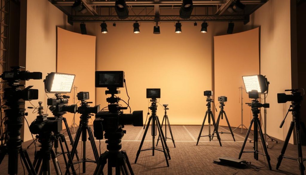 A tactical, professional-grade video production set featuring a sleek, minimalist design. The foreground showcases an array of high-tech camera equipment, tripods, and lighting rigs, meticulously arranged for optimal performance. The middle ground depicts a versatile, modular backdrop system in muted, earthy tones, allowing for seamless transitions between various sports-themed settings. In the background, subtle geometric patterns and textures create a sense of depth and sophistication, elevating the overall aesthetic. Soft, warm lighting illuminates the scene, casting dramatic shadows and highlights to accentuate the technical prowess of the setup. The overall atmosphere exudes a tone of focused professionalism, perfectly suited for specialized football-related video content.