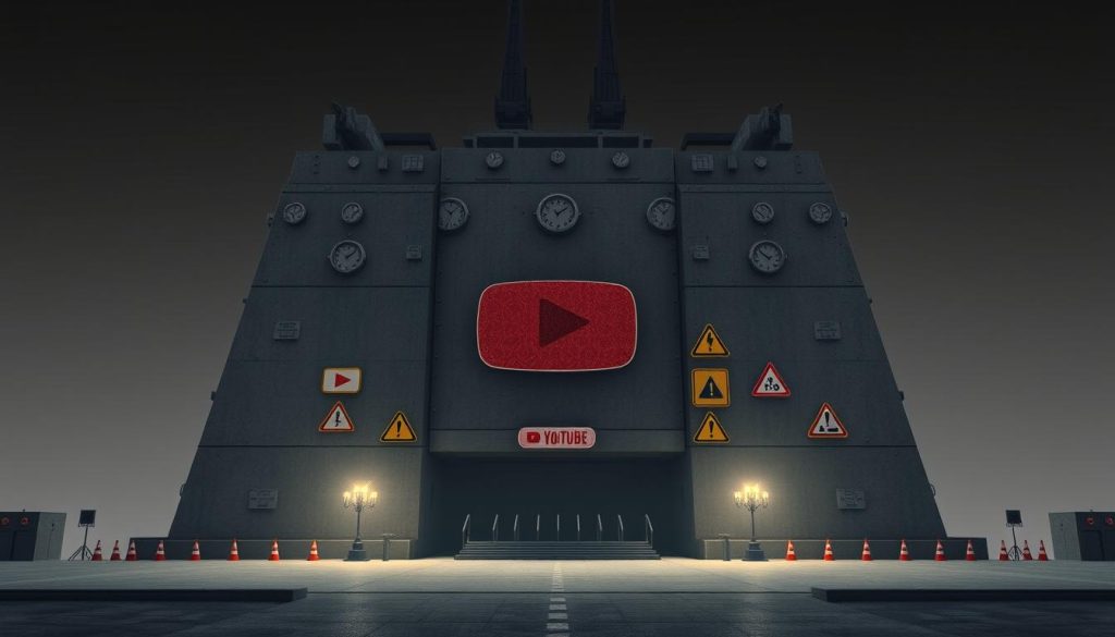 A vast, imposing structure representing the boundaries of YouTube's explosives and fireworks policy, casting a somber, authoritative presence. Intricate, detailed renderings of warning signs, regulatory markers, and cautionary symbols adorn the scene, conveying the gravity and importance of these guidelines. The architecture is rendered in a clean, minimalist style, with stark lighting and a muted color palette to evoke a sense of seriousness and professionalism. The overall composition emphasizes the scope and significance of YouTube's explosives policy, without distracting or superfluous elements.