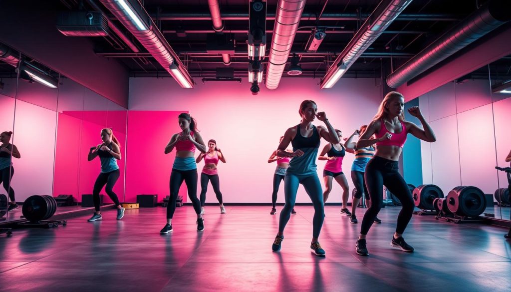 A vibrant HIIT training studio with energetic lighting and sleek, modern equipment. The foreground features a group of fitness enthusiasts engaged in high-intensity interval workouts, their movements captured in dynamic poses. The middle ground showcases a minimalist but stylish space with mirrored walls, vibrant accent colors, and functional yet visually appealing gear. The background incorporates an industrial-chic aesthetic, with exposed beams, polished concrete floors, and strategic lighting to create an atmosphere of focused intensity. The overall scene conveys a sense of professional, design-driven fitness, capturing the essence of a captivating, high-energy workout environment.