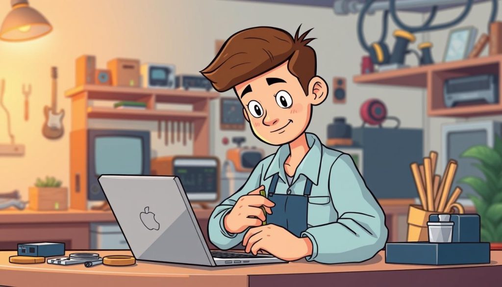 A vibrant Jupyter Book cover design showcasing a computer repair business, featuring a friendly cartoon character technician in the foreground, examining a laptop with a thoughtful expression. The middle ground depicts an array of tools and spare parts, while the background showcases a cozy workshop setting with shelves of electronics and a warm, inviting atmosphere. The image should convey a sense of expertise, problem-solving, and a welcoming, approachable vibe to the viewer, using a soft, muted color palette and dynamic, expressive character illustrations. A vibrant Jupyter Book cover design showcasing a computer repair business, featuring a friendly cartoon character technician in the foreground, examining a laptop with a thoughtful expression. The middle ground depicts an array of tools and spare parts, while the background showcases a cozy workshop setting with shelves of electronics and a warm, inviting atmosphere. The image should convey a sense of expertise, problem-solving, and a welcoming, approachable vibe to the viewer, using a soft, muted color palette and dynamic, expressive character illustrations.
