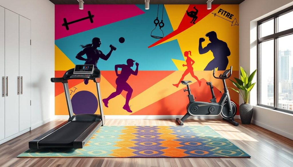 A vibrant and budget-friendly home gym decor, featuring a colorful wall mural with dynamic fitness motifs, such as barbells, dumbbells, and silhouettes of athletes in action poses. The foreground showcases a sleek, minimalist exercise equipment setup, including a treadmill and exercise bike, arranged in a visually appealing layout. The middle ground highlights a vibrant, patterned area rug that ties the entire scene together, while the background features a large window offering natural lighting and a glimpse of an urban cityscape. The overall aesthetic conveys a sense of energy, motivation, and a sophisticated yet cost-effective approach to designing a functional and visually striking fitness-themed space.