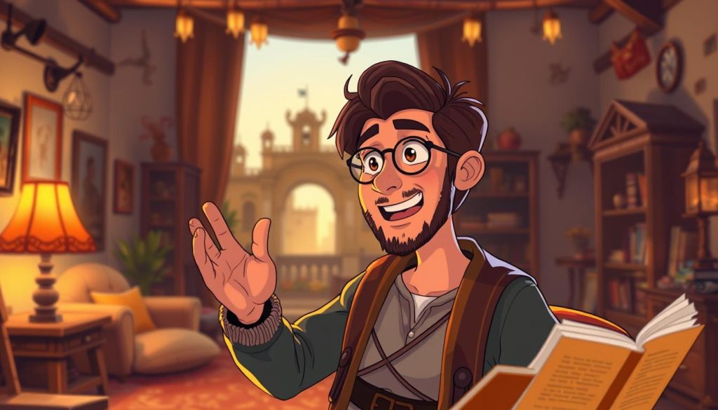 A vibrant and captivating scene of a YouTuber engrossed in animated storytelling. The foreground features a charismatic narrator, gesticulating passionately as they weave a captivating historical tale. The middle ground showcases a cozy, inviting studio setting with soft lighting and earthy tones, creating an intimate atmosphere. The background subtly hints at the historical themes, with hints of old-world architecture and period-inspired elements. The overall composition conveys a sense of wonder, intrigue, and the power of engaging narrative in drawing viewers into the realm of history. A vibrant and captivating scene of a YouTuber engrossed in animated storytelling. The foreground features a charismatic narrator, gesticulating passionately as they weave a captivating historical tale. The middle ground showcases a cozy, inviting studio setting with soft lighting and earthy tones, creating an intimate atmosphere. The background subtly hints at the historical themes, with hints of old-world architecture and period-inspired elements. The overall composition conveys a sense of wonder, intrigue, and the power of engaging narrative in drawing viewers into the realm of history.