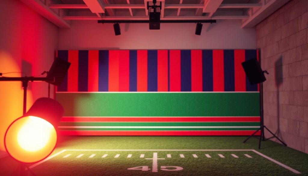 A vibrant and dynamic color palette for a professional football-themed decor. In the foreground, a sleek and modern lighting setup casts a warm glow, accentuating the textures and patterns of the decor. The middle ground features a harmonious blend of team colors, with bold stripes and geometric shapes creating a visually captivating design. In the background, a subtly textured wall provides a sophisticated backdrop, complementing the overall aesthetic. The lighting is carefully crafted to create depth and dimension, while the color scheme evokes a sense of energy and passion associated with the sport of football. The resulting image conveys a high-quality, visually engaging decor that would be suitable for a YouTube channel focused on football-related content.