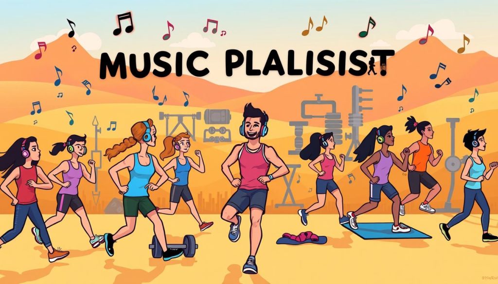 A vibrant and dynamic illustration of a music playlist for athletes, showcasing a diverse array of energetic characters engaged in various sports. The foreground features a group of individuals, their bodies in motion, headphones on, and music notes swirling around them, capturing the essence of the workout playlist. The middle ground showcases a variety of sports equipment, including weights, resistance bands, and exercise mats, further reinforcing the athletic theme. The background is a warm, gradient-filled landscape, hinting at the motivational and uplifting atmosphere of the playlist. The illustration is rendered in a stylized, cartoon-like aesthetic, adding a sense of playfulness and approachability to the overall composition. A vibrant and dynamic illustration of a music playlist for athletes, showcasing a diverse array of energetic characters engaged in various sports. The foreground features a group of individuals, their bodies in motion, headphones on, and music notes swirling around them, capturing the essence of the workout playlist. The middle ground showcases a variety of sports equipment, including weights, resistance bands, and exercise mats, further reinforcing the athletic theme. The background is a warm, gradient-filled landscape, hinting at the motivational and uplifting atmosphere of the playlist. The illustration is rendered in a stylized, cartoon-like aesthetic, adding a sense of playfulness and approachability to the overall composition.