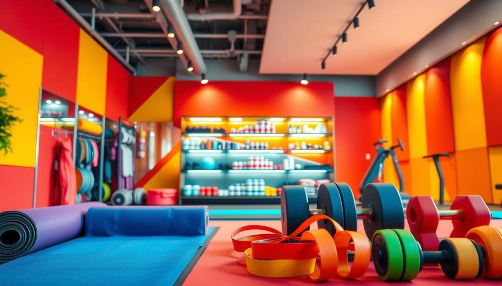 A vibrant and energetic fitness decor scene. In the foreground, an array of colorful exercise equipment including yoga mats, resistance bands, and dumbbells. In the middle ground, shelves displaying various fitness accessories and supplements. The background features a modern, minimalist gym setting with sleek, geometric wall panels in a palette of energetic reds, oranges, and yellows. Overhead lighting casts a warm, inviting glow across the space, creating a professional and visually appealing atmosphere. The overall composition conveys a sense of dynamism, health, and a passion for fitness.