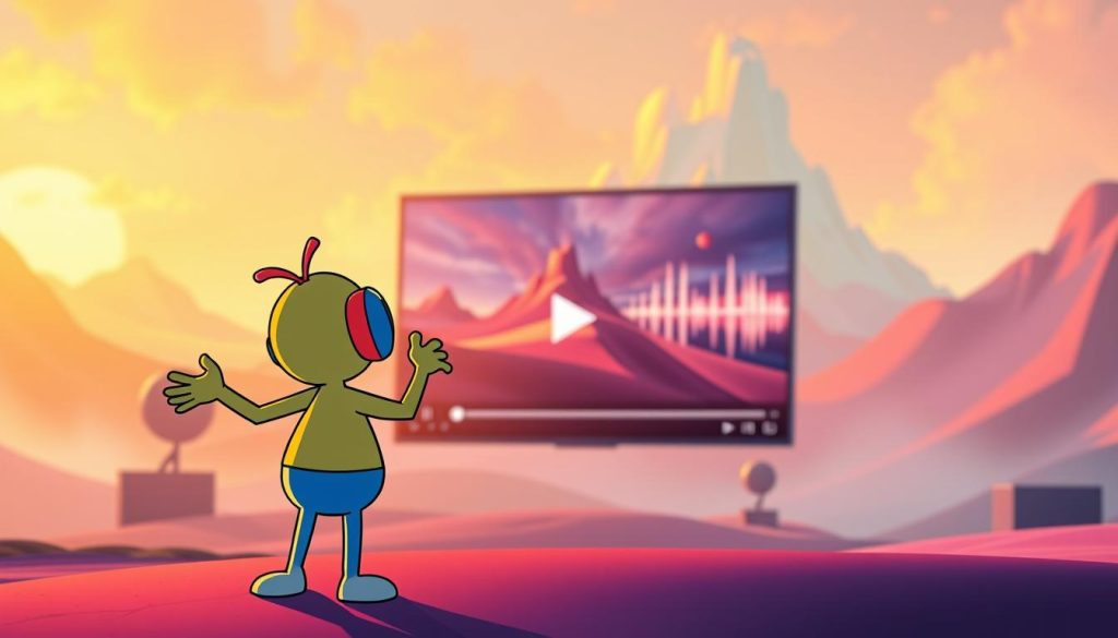 A vibrant and expressive scene showcasing the profound impact of sound design and music on video storytelling. In the foreground, a colorful cartoon figure dramatizes the emotive power of audio, gesturing with animated body language. The middle ground features a captivating video player interface, its screen glowing with a dynamic visual representation of the accompanying soundtrack. In the background, an abstract, ethereal landscape evokes the transportive, atmospheric qualities of an immersive audio-visual experience. Warm, saturated lighting imbues the scene with a sense of energy and creativity, while a cinematic camera angle emphasizes the central role of sound in elevating the visual medium.