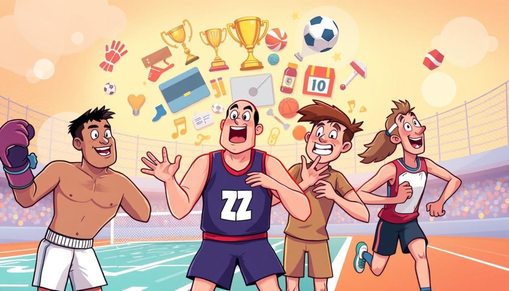 A vibrant and playful illustration of sports personalities reacting to their past competitive moments. In the foreground, a group of animated athletes - a boxer, a swimmer, a soccer player, and a runner - excitedly gesturing and interacting with each other, their expressions and body language conveying a sense of nostalgia, surprise, and camaraderie. The middle ground features a collage of sports equipment, trophies, and memorabilia, hinting at the rich history and experiences of these champions. The background is a warm, colorful gradient, creating a dreamlike, whimsical atmosphere that captures the essence of the subject matter. The overall composition is dynamic, with a strong emphasis on the characters' emotive reactions and the lighthearted, cartoon-inspired style.