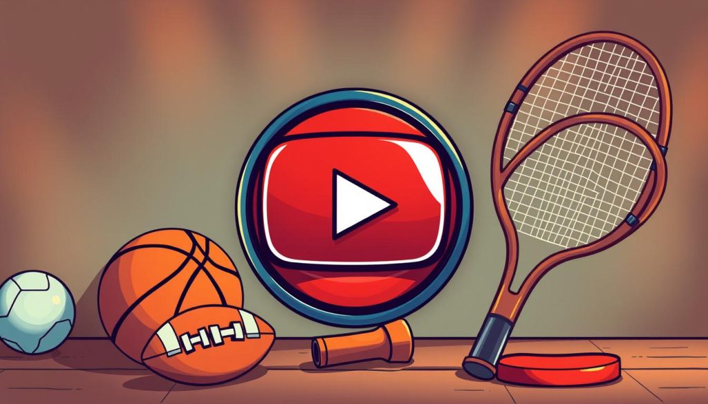 A vibrant and playful logo design featuring a retro-styled YouTube play button, complemented by classic sports equipment like a vintage basketball, football, and tennis racket. The composition blends these nostalgic elements with a sleek, modern aesthetic, capturing the essence of a channel dedicated to showcasing cherished sports memorabilia. Warm, soft lighting accentuates the textured surfaces, creating a welcoming and inviting atmosphere. The overall design conveys a sense of timeless charm and a passion for preserving the legacy of beloved sports and gaming relics.