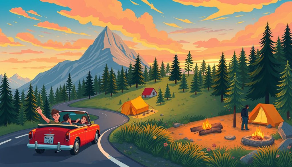 A vibrant and whimsical cartoon landscape showcasing the joys of road trips and camping. In the foreground, a group of friends in a vintage convertible, smiling and waving as they cruise down a winding mountain road, surrounded by lush green forests and towering peaks. In the middle ground, a cozy campsite nestled among the trees, with tents, a crackling fire, and silhouettes of hikers exploring the scenic trails. In the background, a colorful sky with warm hues of orange and pink, reflecting the golden hour glow. The overall mood is one of adventure, camaraderie, and a deep appreciation for the great outdoors.