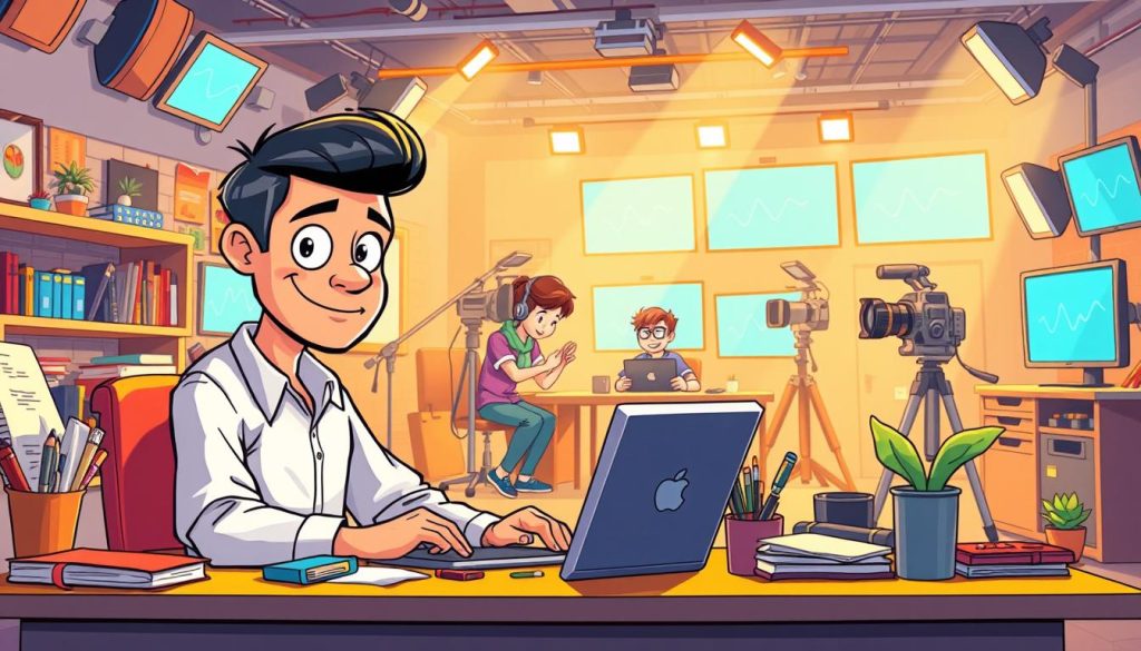 A vibrant and whimsical illustration depicting the creation of high-quality content. In the foreground, a skilled content creator sits at a desk, surrounded by an array of colorful tools and stationery. Their expression is one of focused determination as they craft engaging and informative material. The middle ground features a trio of animated characters - a writer, a designer, and a videographer - collaborating to bring the content to life. In the background, a bustling studio environment with an array of screens, cameras, and other production equipment. The scene is bathed in warm, inviting lighting that sets a positive and productive mood. The overall atmosphere conveys the passion, creativity, and attention to detail that goes into producing exceptional digital content. A vibrant and whimsical illustration depicting the creation of high-quality content. In the foreground, a skilled content creator sits at a desk, surrounded by an array of colorful tools and stationery. Their expression is one of focused determination as they craft engaging and informative material. The middle ground features a trio of animated characters - a writer, a designer, and a videographer - collaborating to bring the content to life. In the background, a bustling studio environment with an array of screens, cameras, and other production equipment. The scene is bathed in warm, inviting lighting that sets a positive and productive mood. The overall atmosphere conveys the passion, creativity, and attention to detail that goes into producing exceptional digital content.
